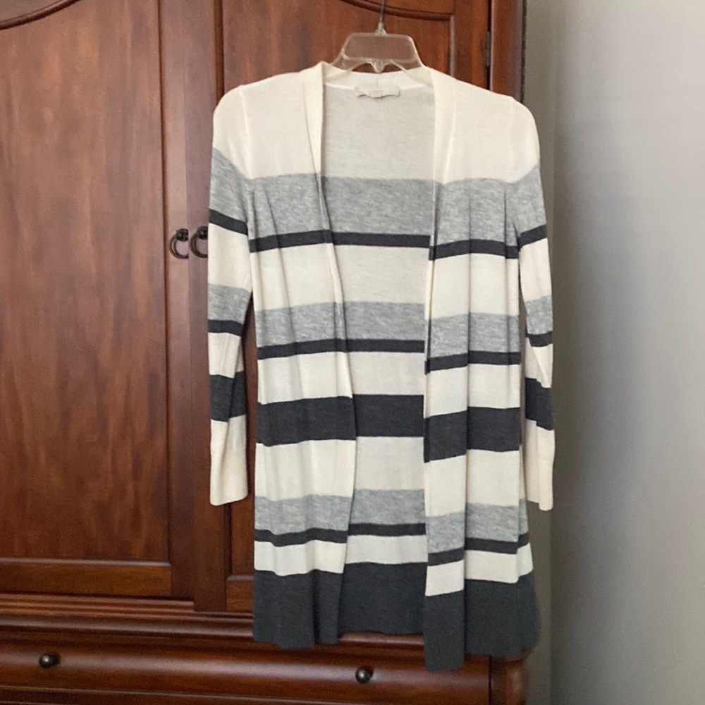 Cream & grey striped light weight, sweater cardigan from Loft , Sz Small